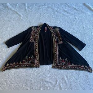 Johnny Was Black Cardigan with Pink and Purple Floral Embroidery
